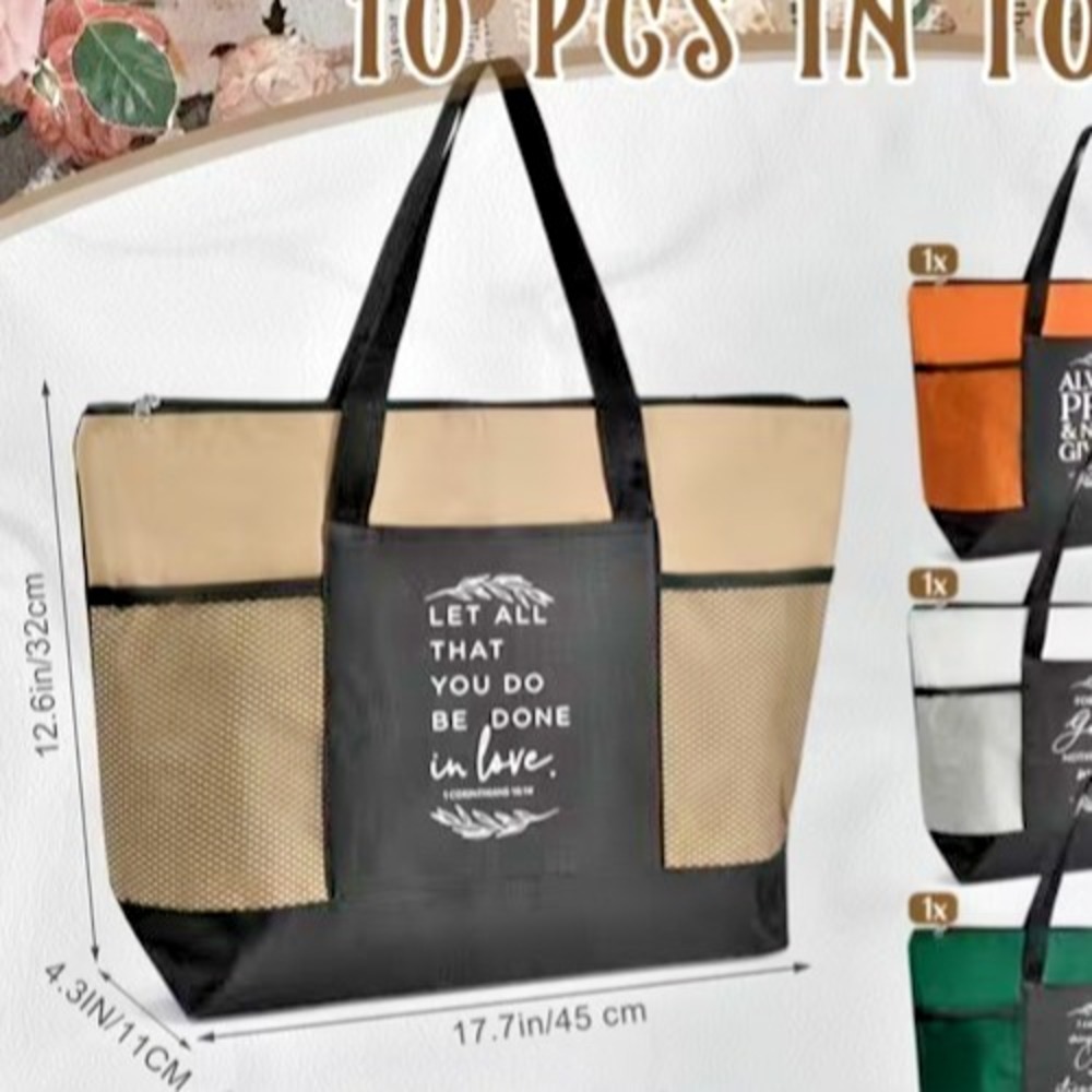 Chrisitan Tote Beach Bag x2 Scripture Bible Shopping Zip Aqua Green Gray Gift - Picture 6 of 11